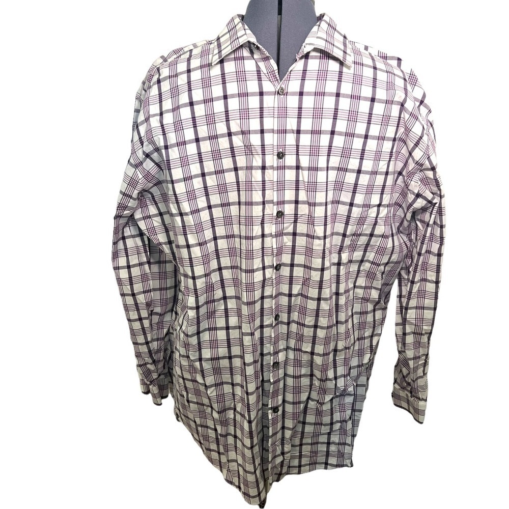 J. Ferrar JF Men's Size XXL 18-18.5 34/35 Button Down Shirt White Purple Plaid‎